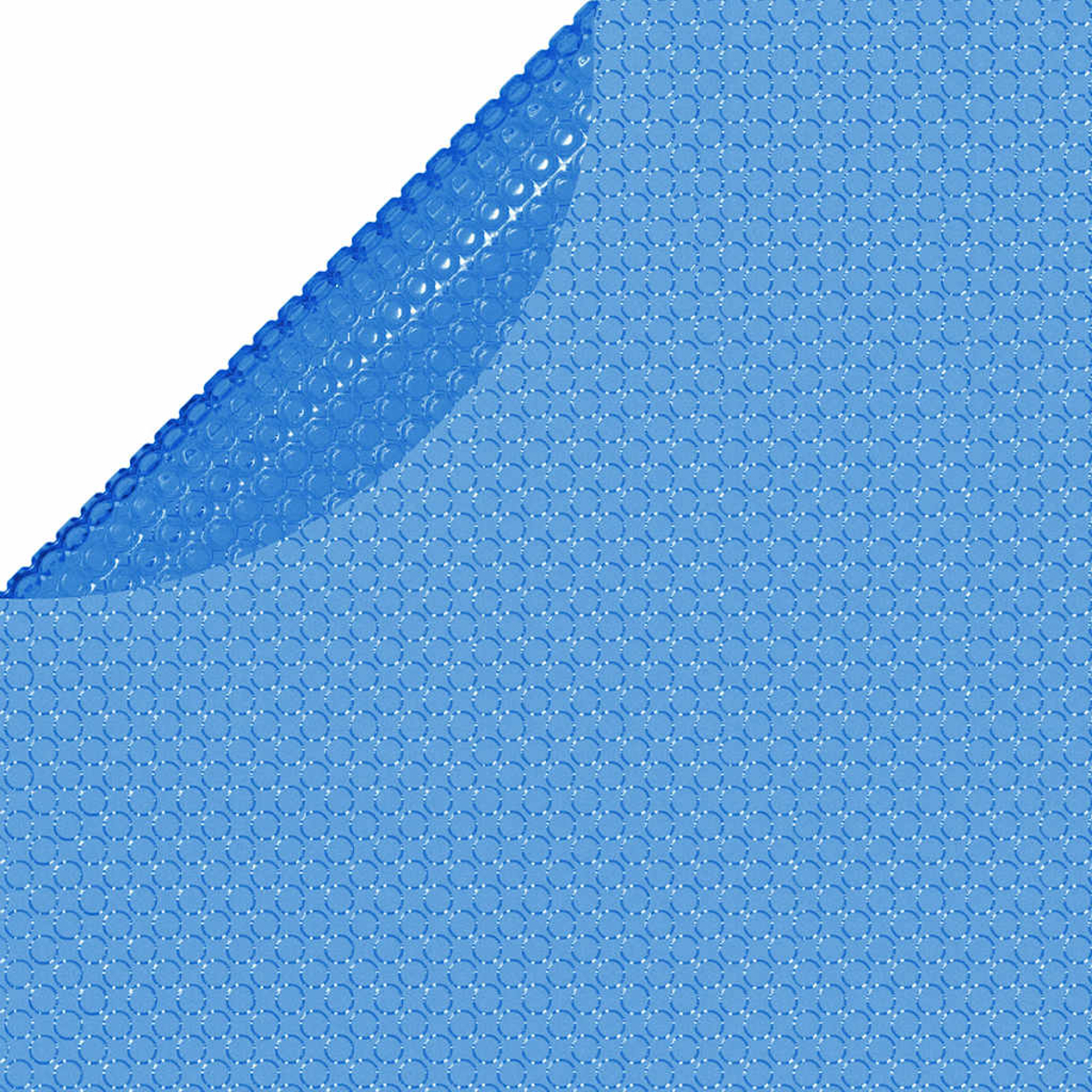 Eine blaue Poolabdeckung mit Blasenmuster, die Ecke ist zurückgeklappt.