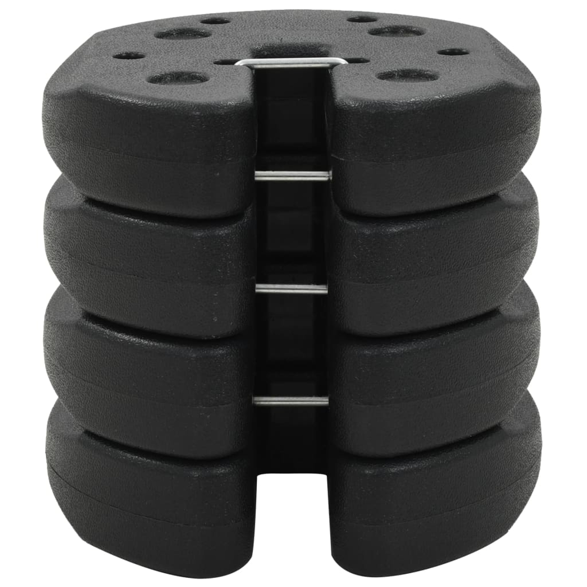 Base in plastica nera con fori e una fessura. È possibile inserire pile di basi.