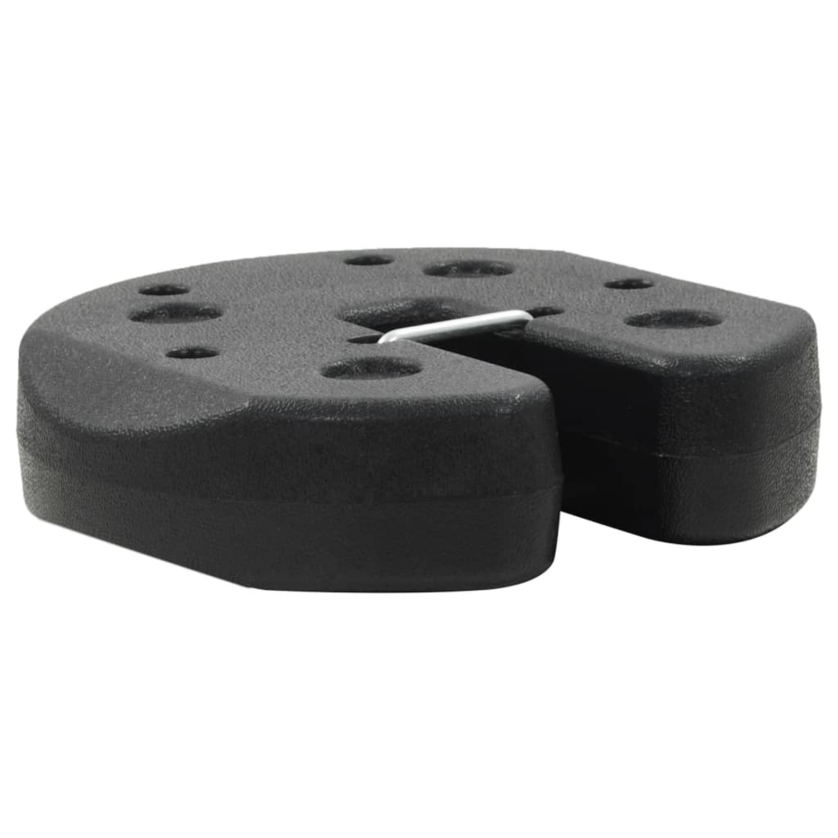 Base in plastica nera con fessura e fori. È inserito un pezzo di metallo.