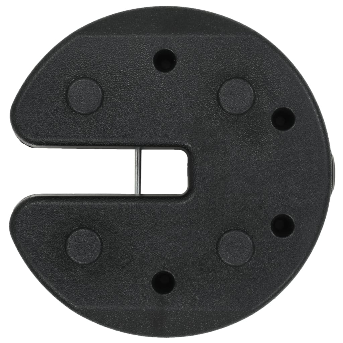 Base in plastica nera con fessura e fori. È inserito un pezzo di metallo.