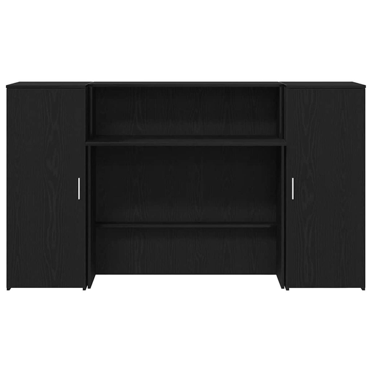 Ein schwarzer Schrank mit Regalen und zwei Türen.