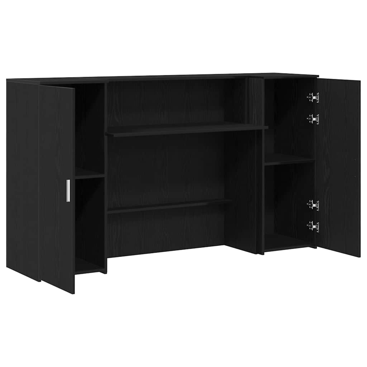 Ein schwarzer Schrank mit offenen Türen. Er hat Regale, einen Mittelraum und silberne Griffe.