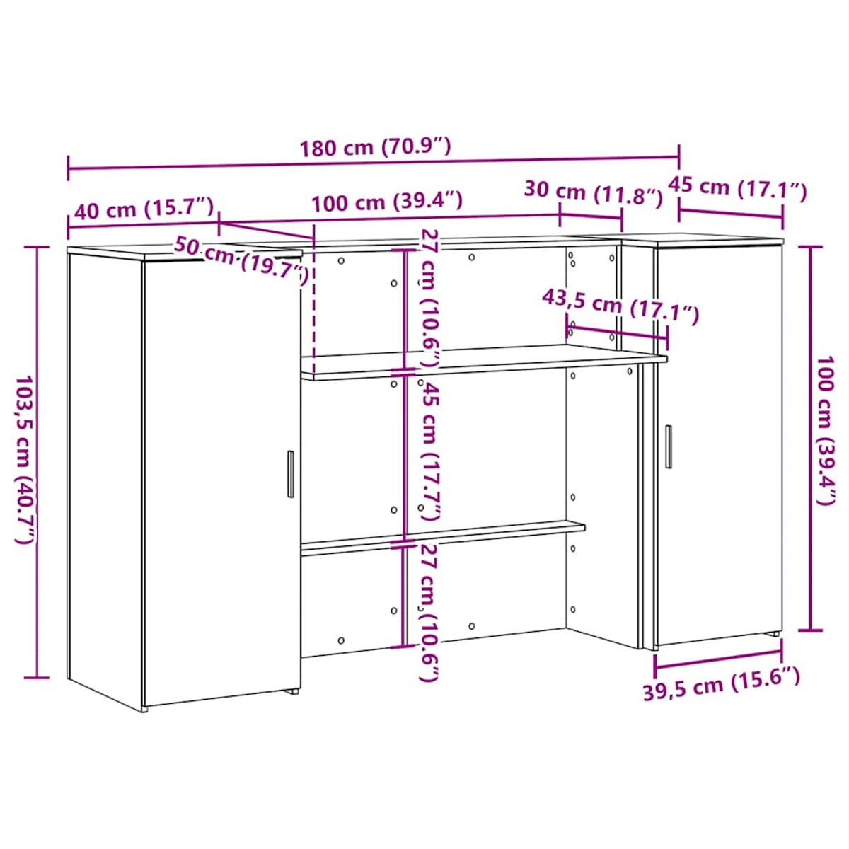 Ein Diagramm mit Abmessungen für einen schwarzen Schrank mit Regalen und Türen.