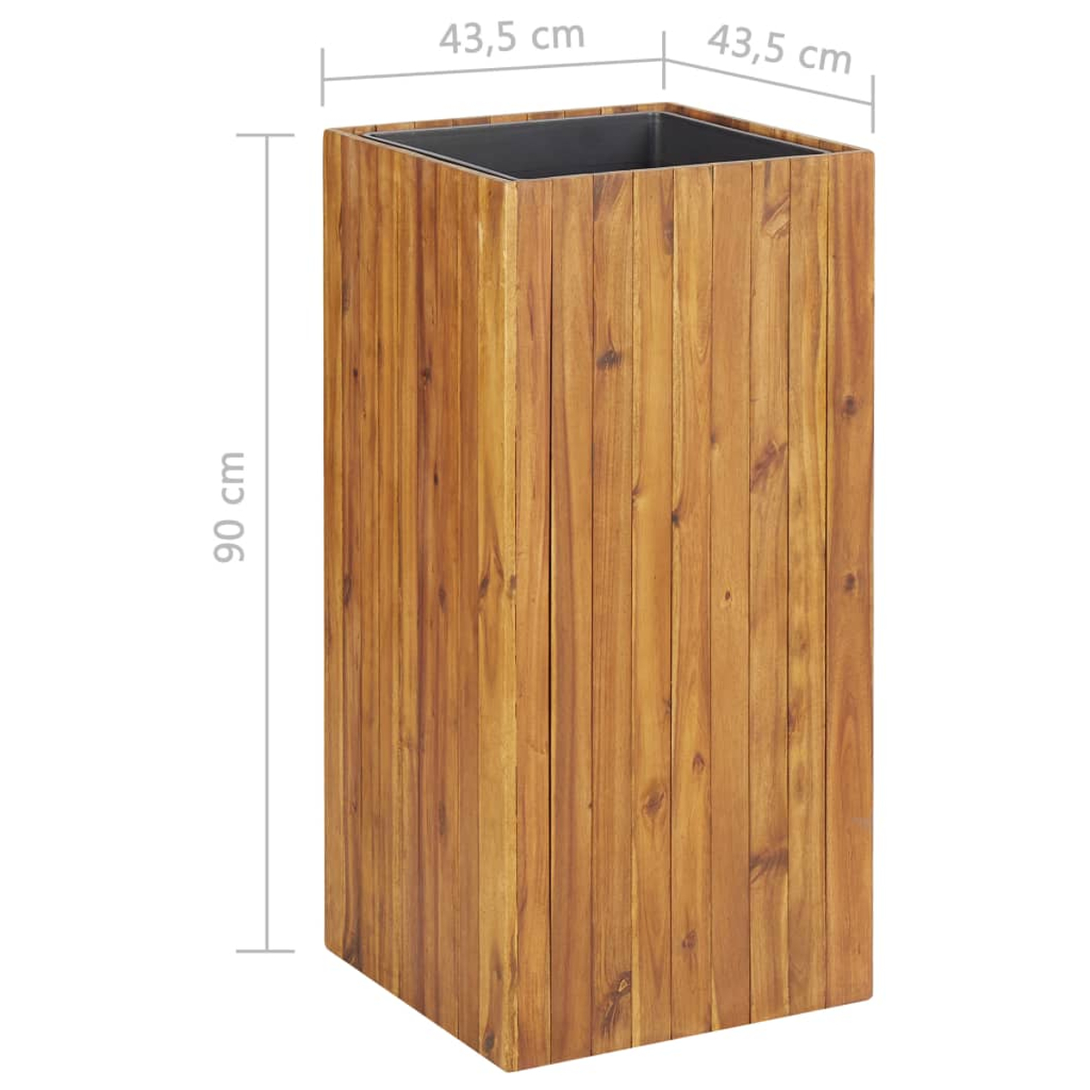 Hoher Pflanzkübel aus Holz mit dunklem Innenraum. Abmessungen sind sichtbar.