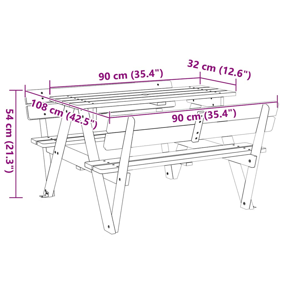 Diagramm eines Picknicktisches mit Maßen. Tischlänge 90 cm, Breite 32 cm und Höhe 54 cm.