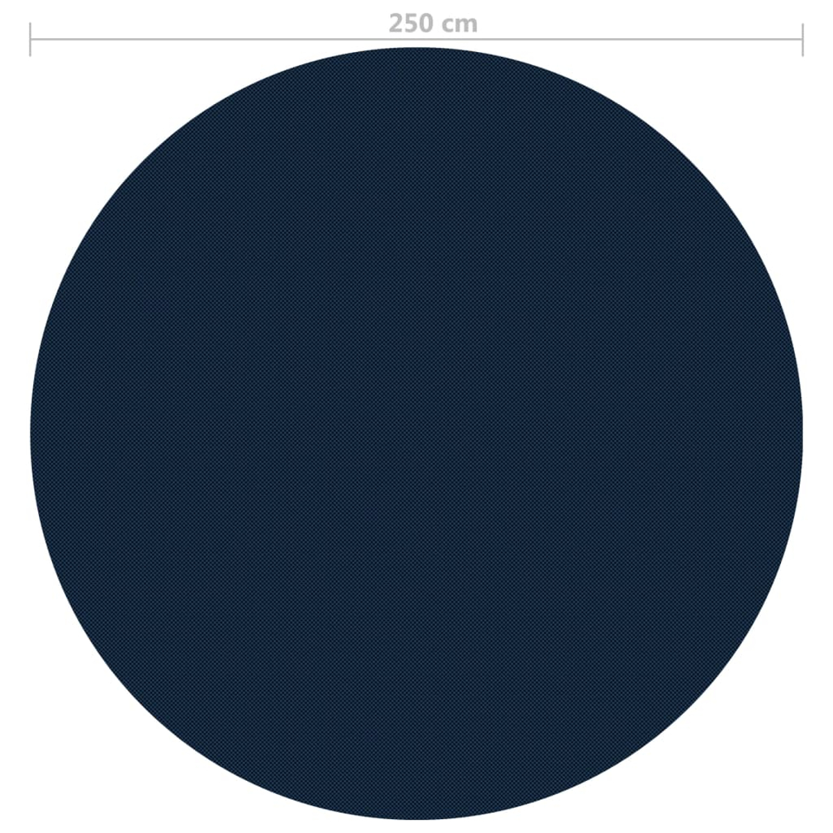 Eine große, dunkelblaue runde Matte wird mit einer Größenangabe von 250 cm auf weißem Hintergrund gezeigt.