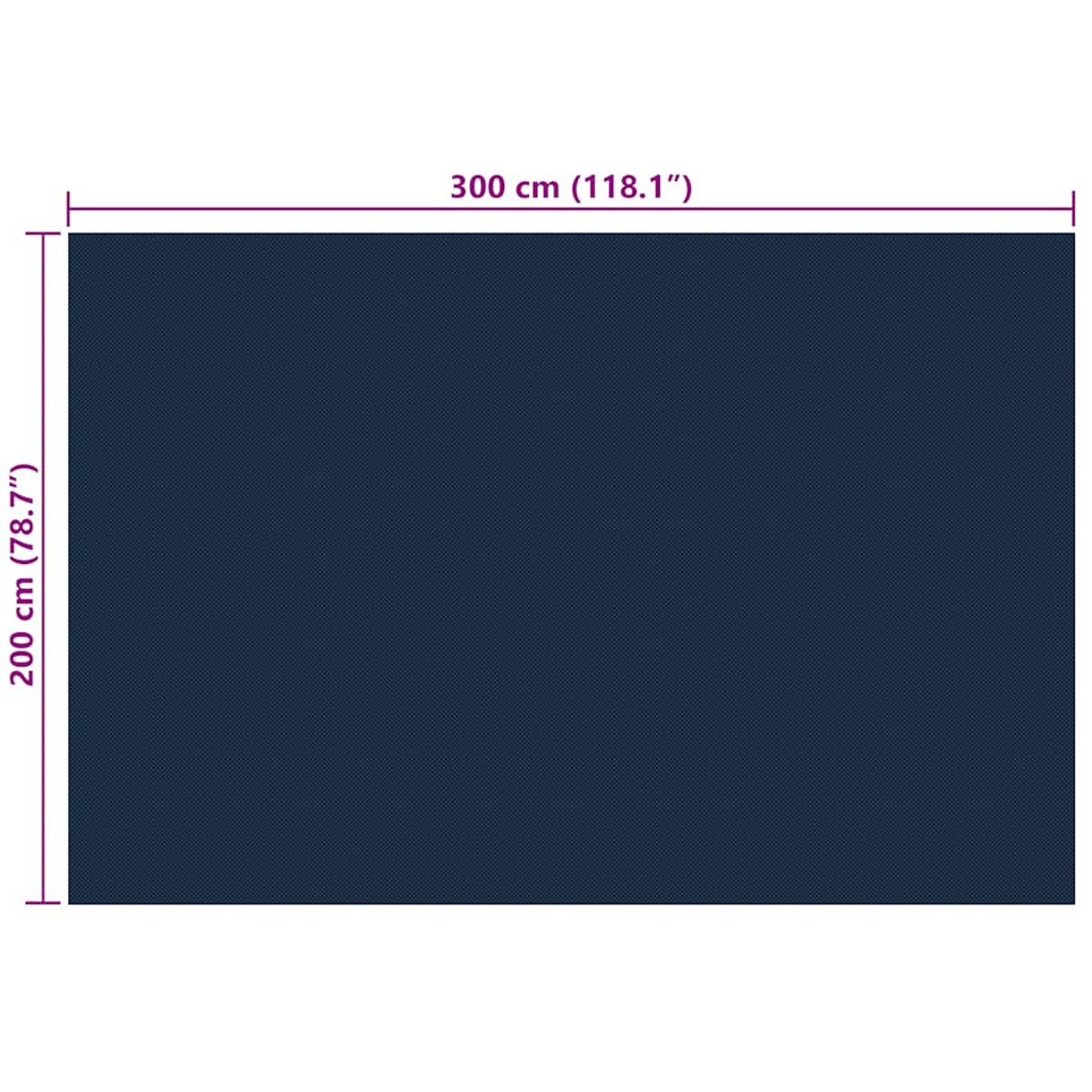 Eine dunkelblaue rechteckige Matte wird mit Abmessungen von 300 cm x 200 cm auf weißem Hintergrund gezeigt.