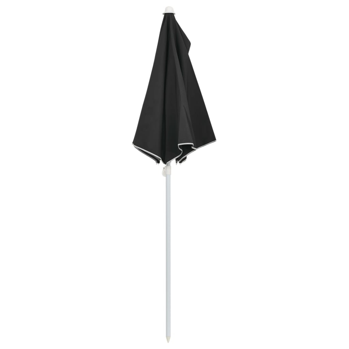 Ein geschlossener, schwarzer quadratischer Schirm mit weißem Mast.