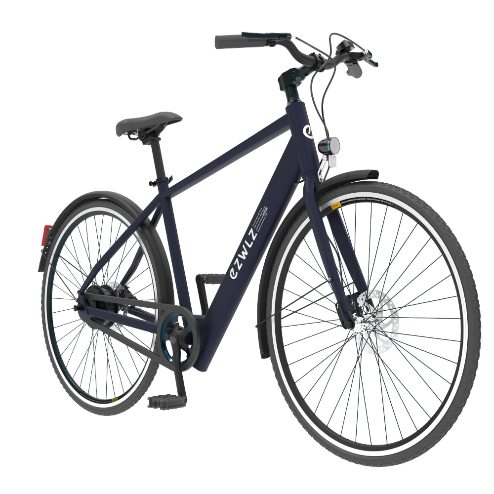Een e-bike met een donkerblauw frame, witte banden en een voorlicht. Hij heeft een zwart zadel.