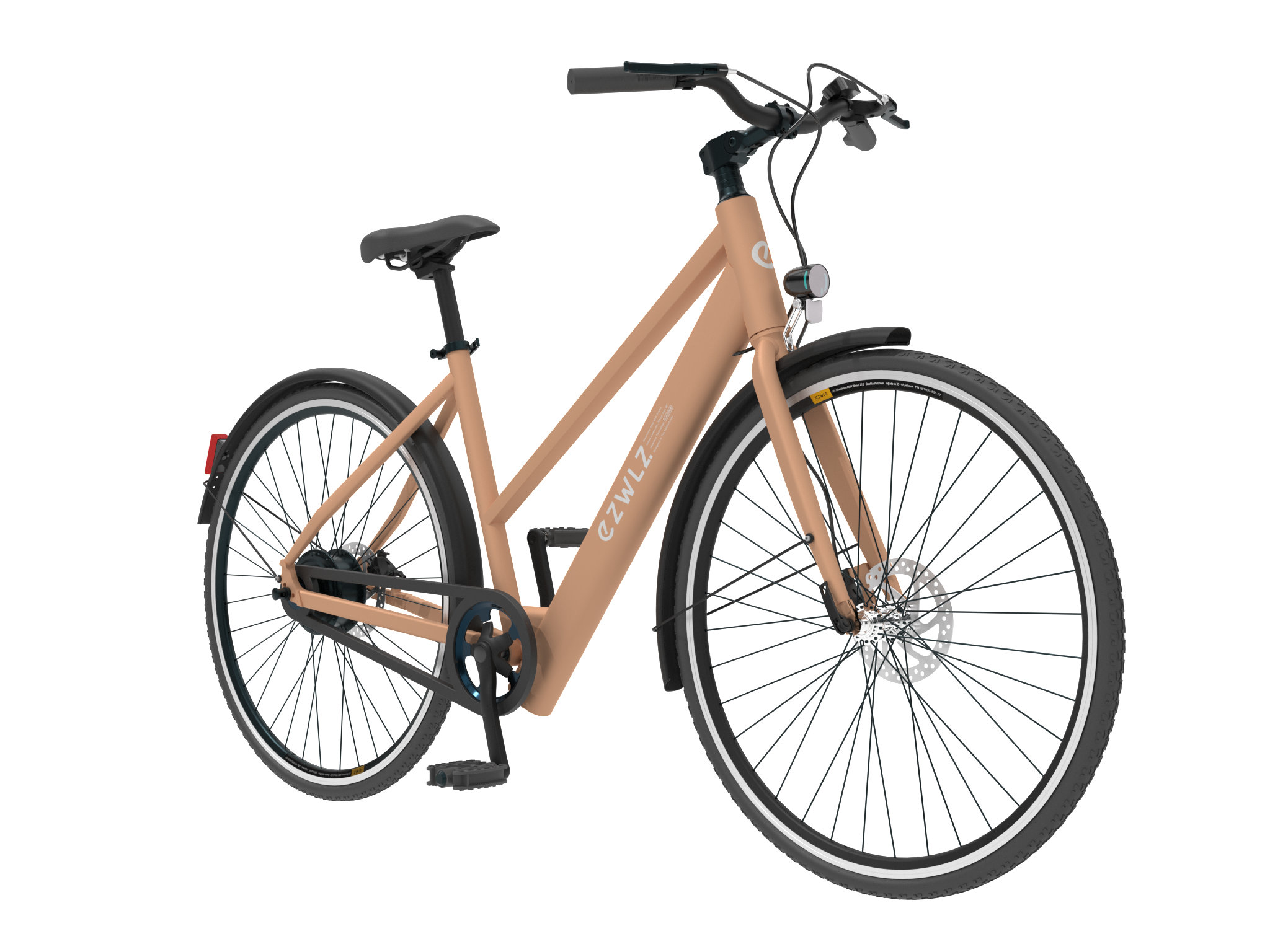 Een e-bike met een beige frame, witte banden en een voorlicht. Hij heeft een zwart zadel en spatborden.