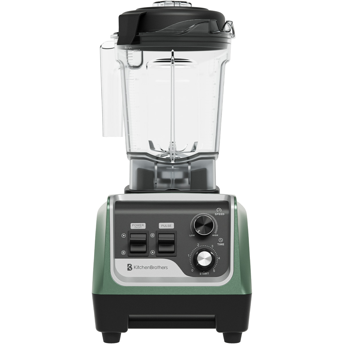 Green blender with clear container, power and pulse buttons, and speed dial. Black base.