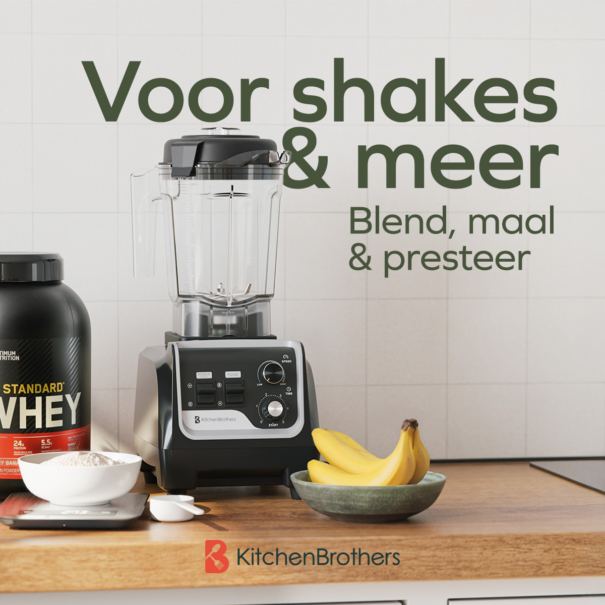 Blender with whey protein, bowl with powder, and bananas on wooden counter.