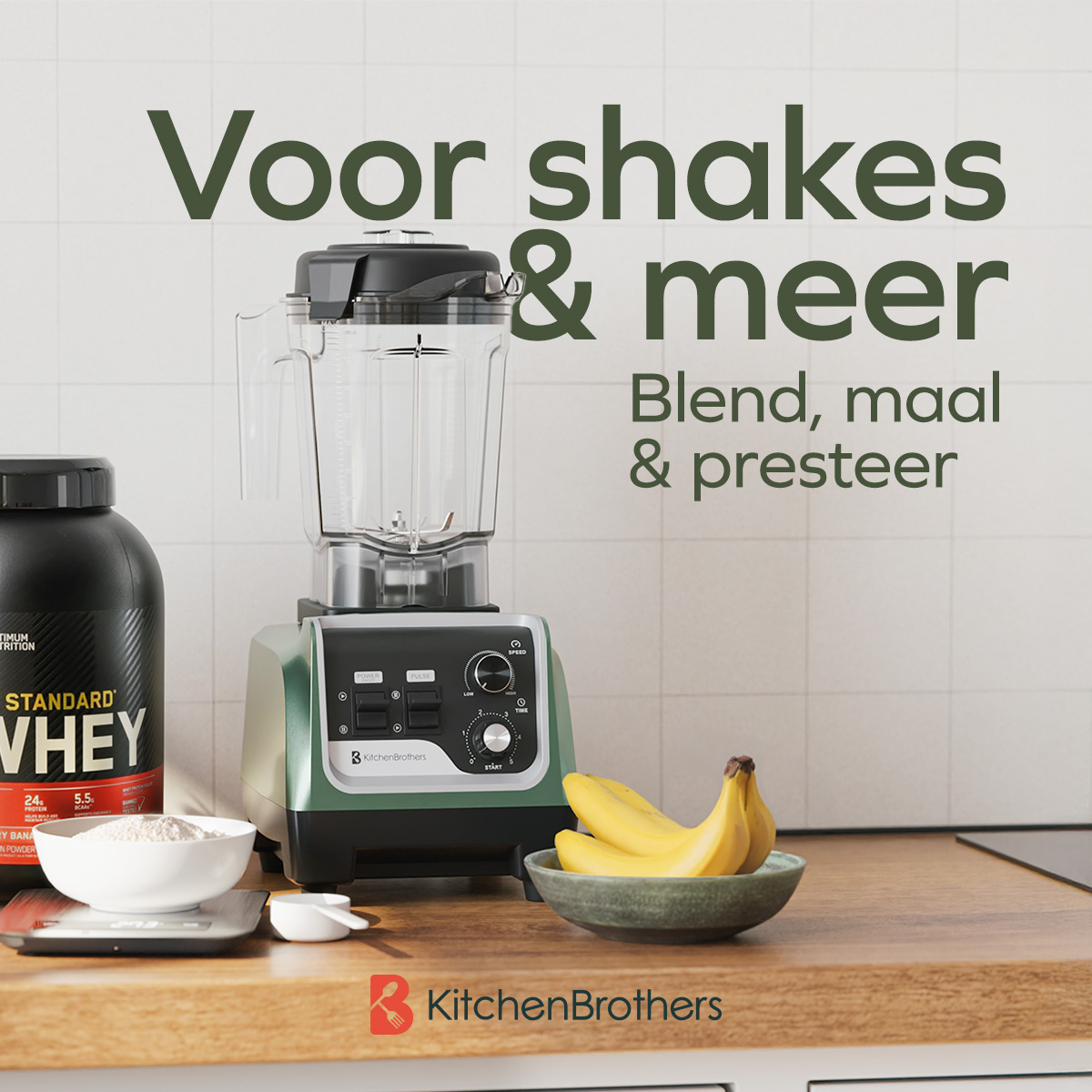 Green blender with whey protein, bowl with powder, bananas on wooden counter. KitchenBrothers logo.