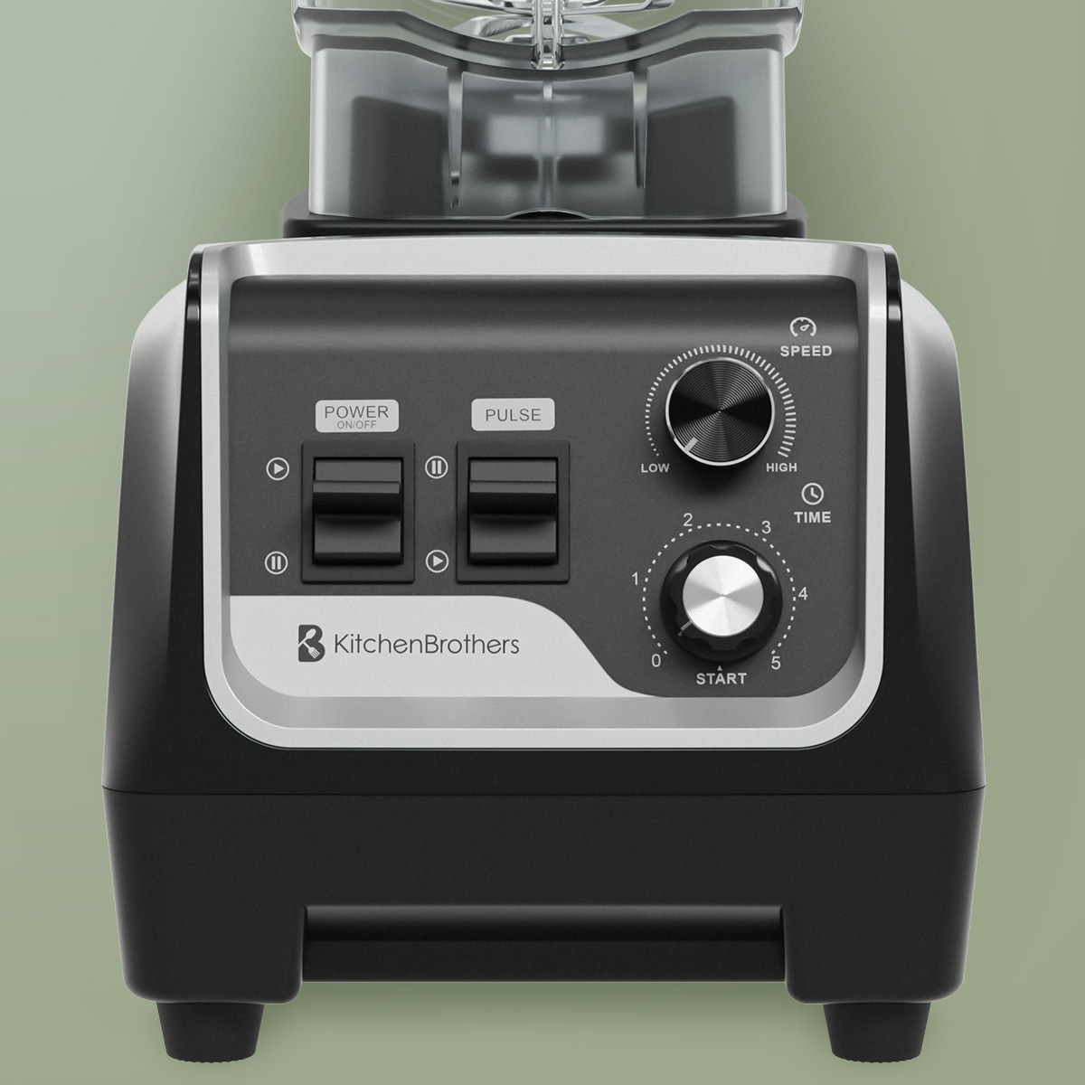 Close-up of a blender's control panel. Power, Pulse, speed and time controls are visible.