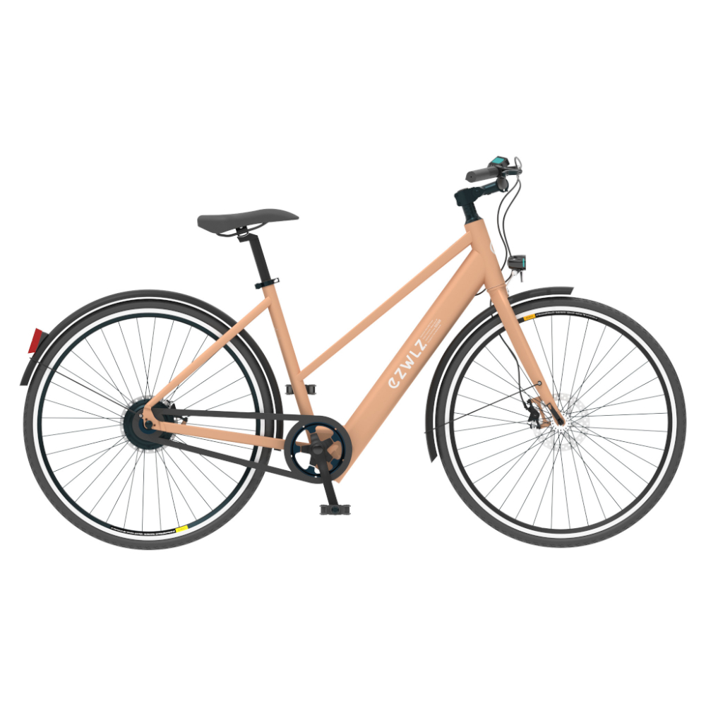 Roze elektrische fiets met een zwart zadel en een witte achtergrond.
