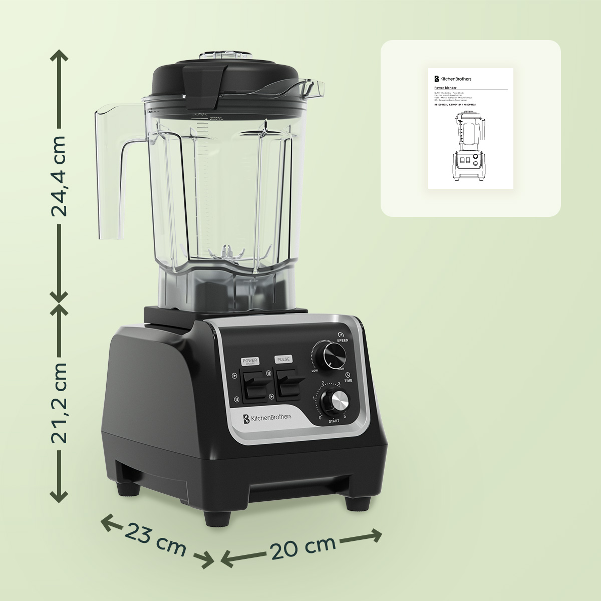 Black blender with dimensions: 24.4 cm height, 21.2 cm height, 23 cm width, 20 cm depth. With a manual.