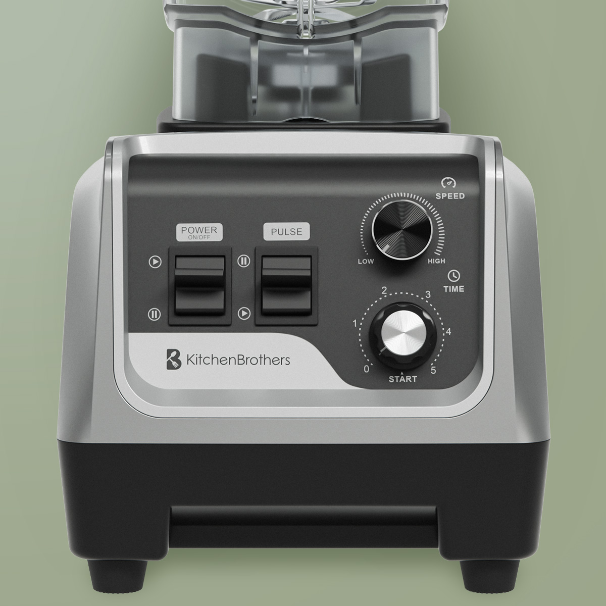 Close-up of blender control panel with power, pulse buttons, speed dial, and time settings.