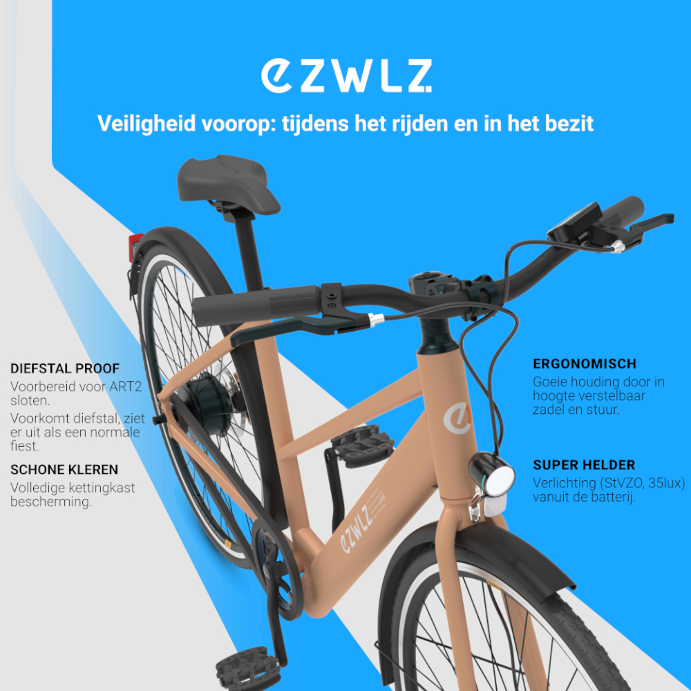 Een bruine e-bike is gedetailleerd met onderdelen gelabeld op een blauwe achtergrond, die de anti-diefstal en ergonomische functies benadrukken.