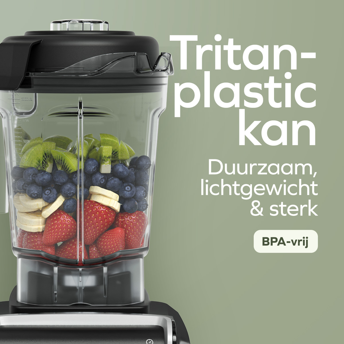 Blender container filled with fruits: kiwi, blueberries, strawberries, banana, text: BPA-free.