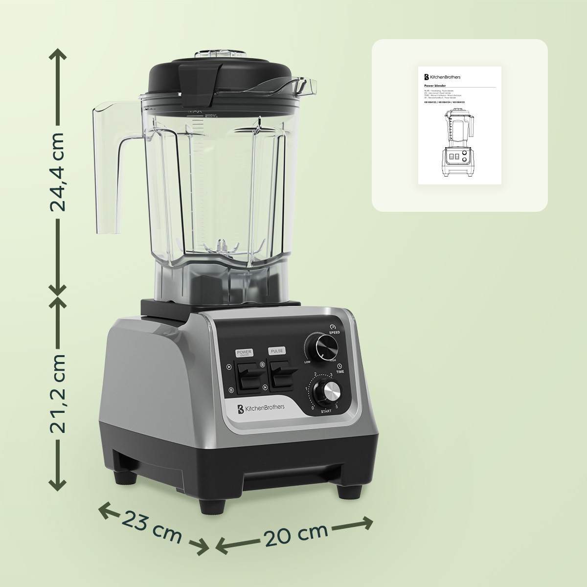A silver blender with a clear pitcher sits on a green background with its dimensions and manual displayed.