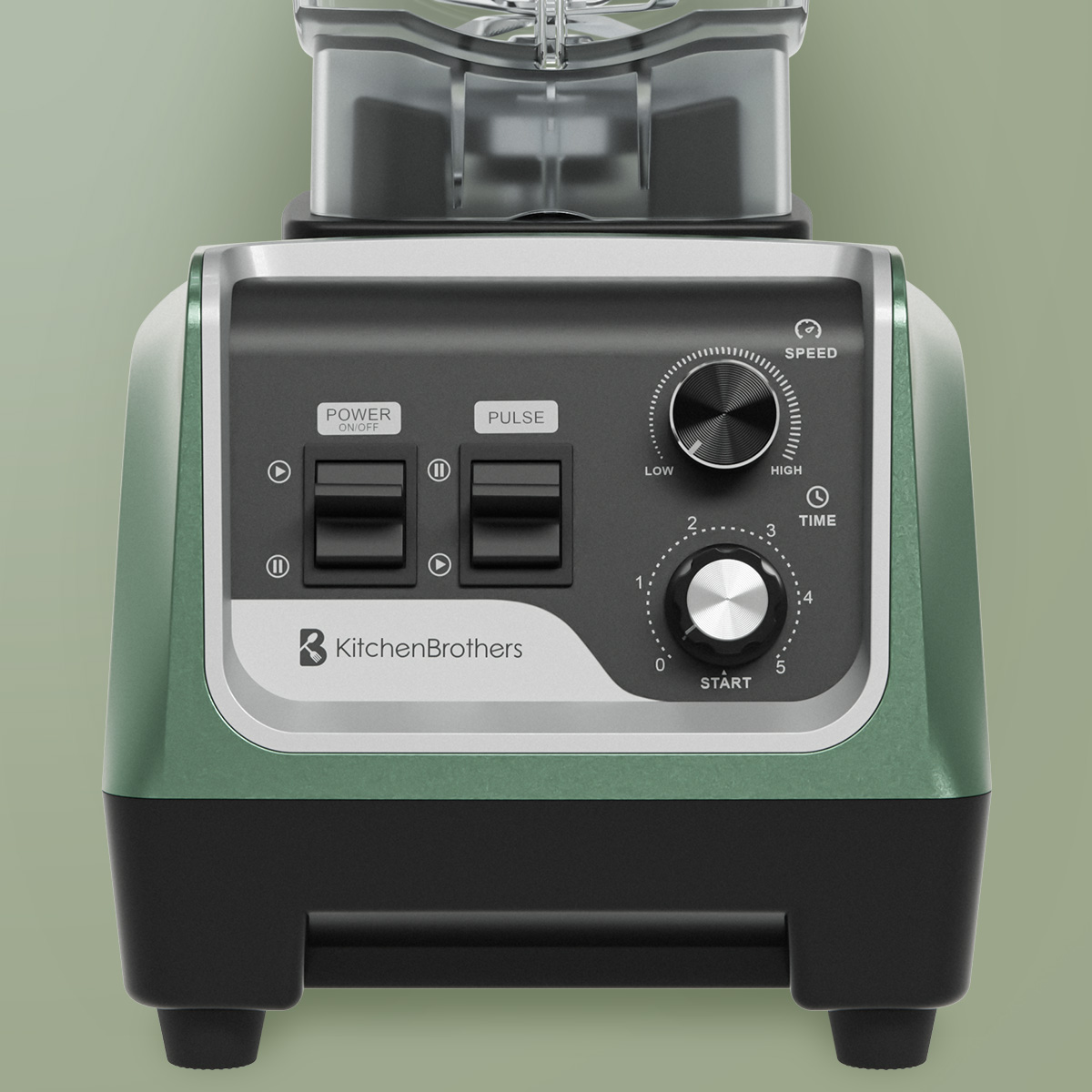 Close-up of a green blender control panel featuring power, pulse, speed dial and time settings.