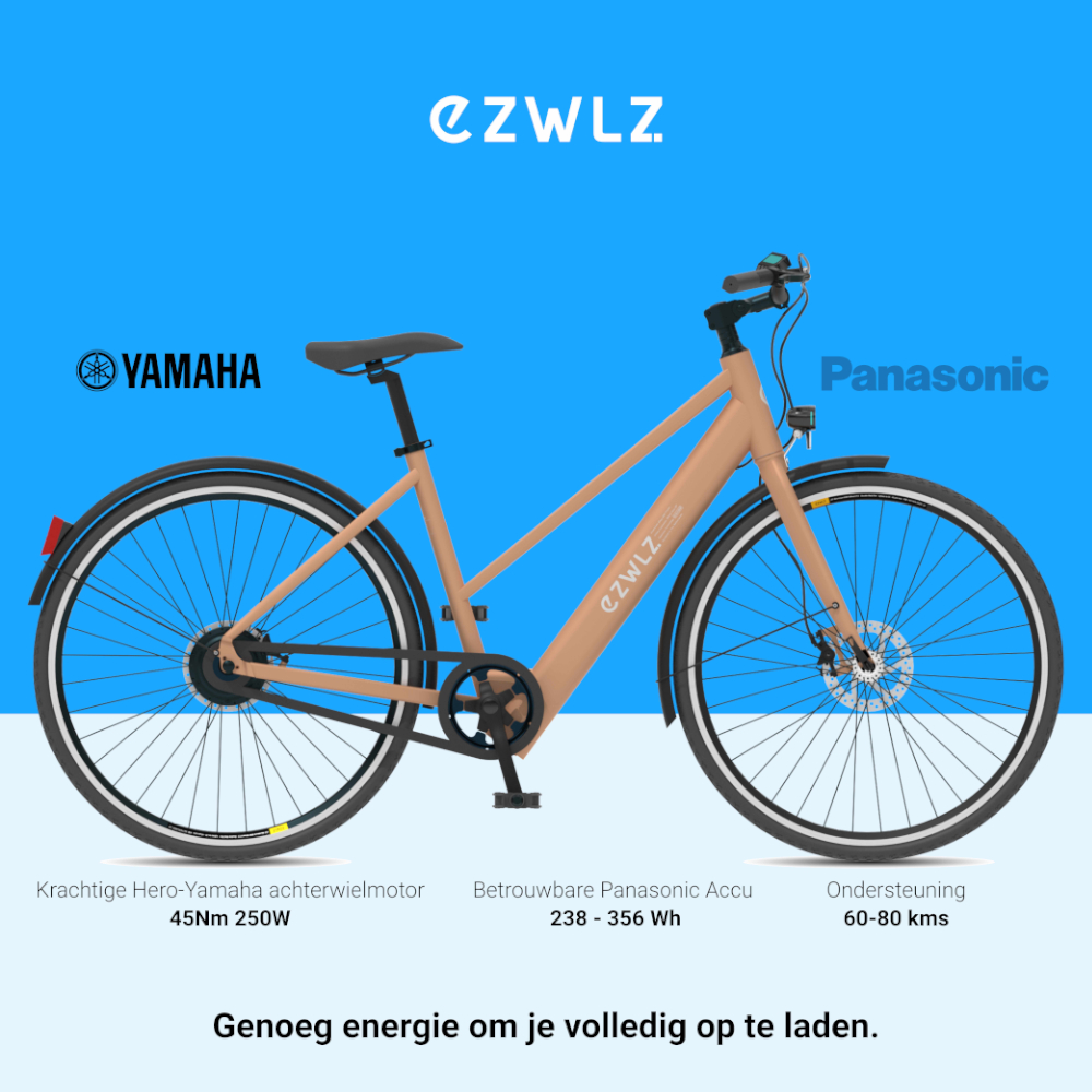 Bruine fiets met Yamaha en Panasonic branding, tekst over motor, batterij en ondersteuning.
