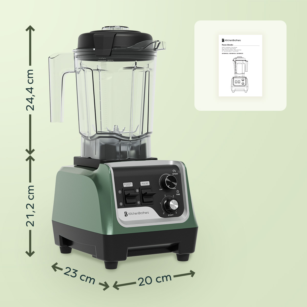 Green blender with dimensions: 24.4 cm height, 21.2 cm height, 23 cm width, 20 cm depth. With a manual.
