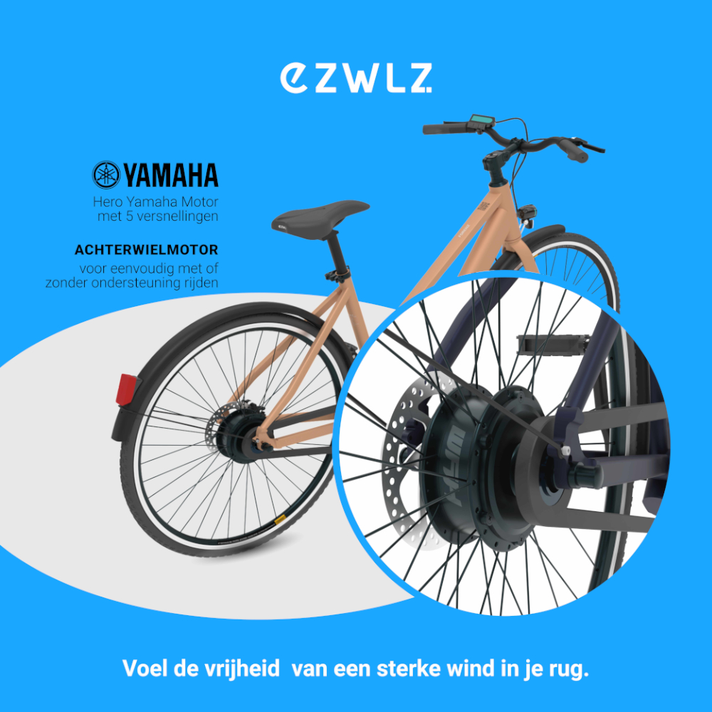 Een bruine e-bike is gedetailleerd met onderdelen gelabeld op een blauwe achtergrond, die de Yamaha-motor benadrukken.