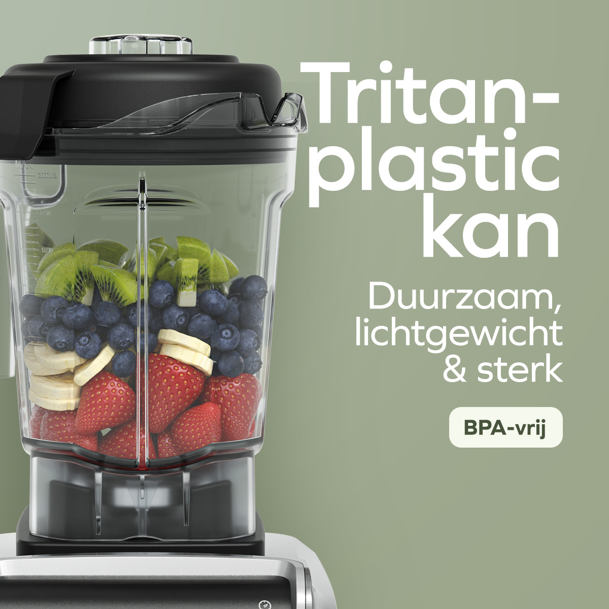 A blender filled with strawberries, blueberries, bananas, and kiwis is next to text on a green background.