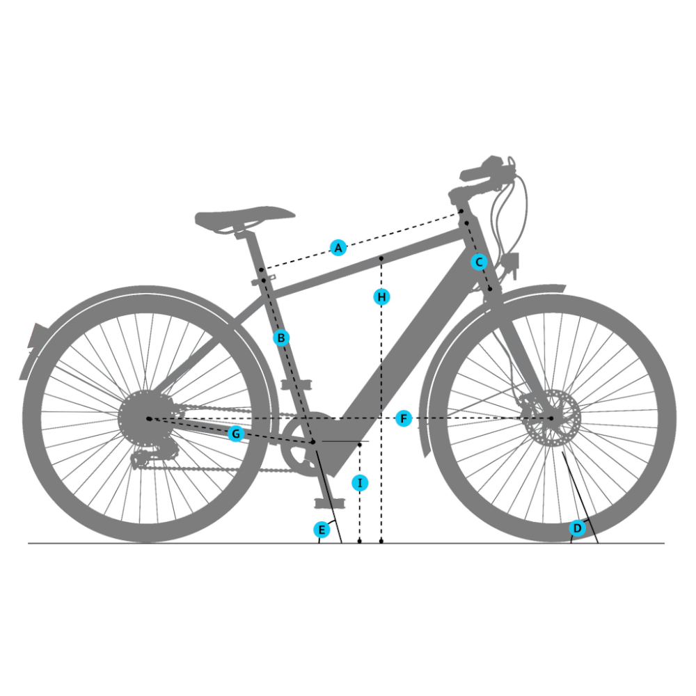 Diagram van een fiets met gemarkeerde onderdelen: A-H en I. Toont afmetingen en componenten.
