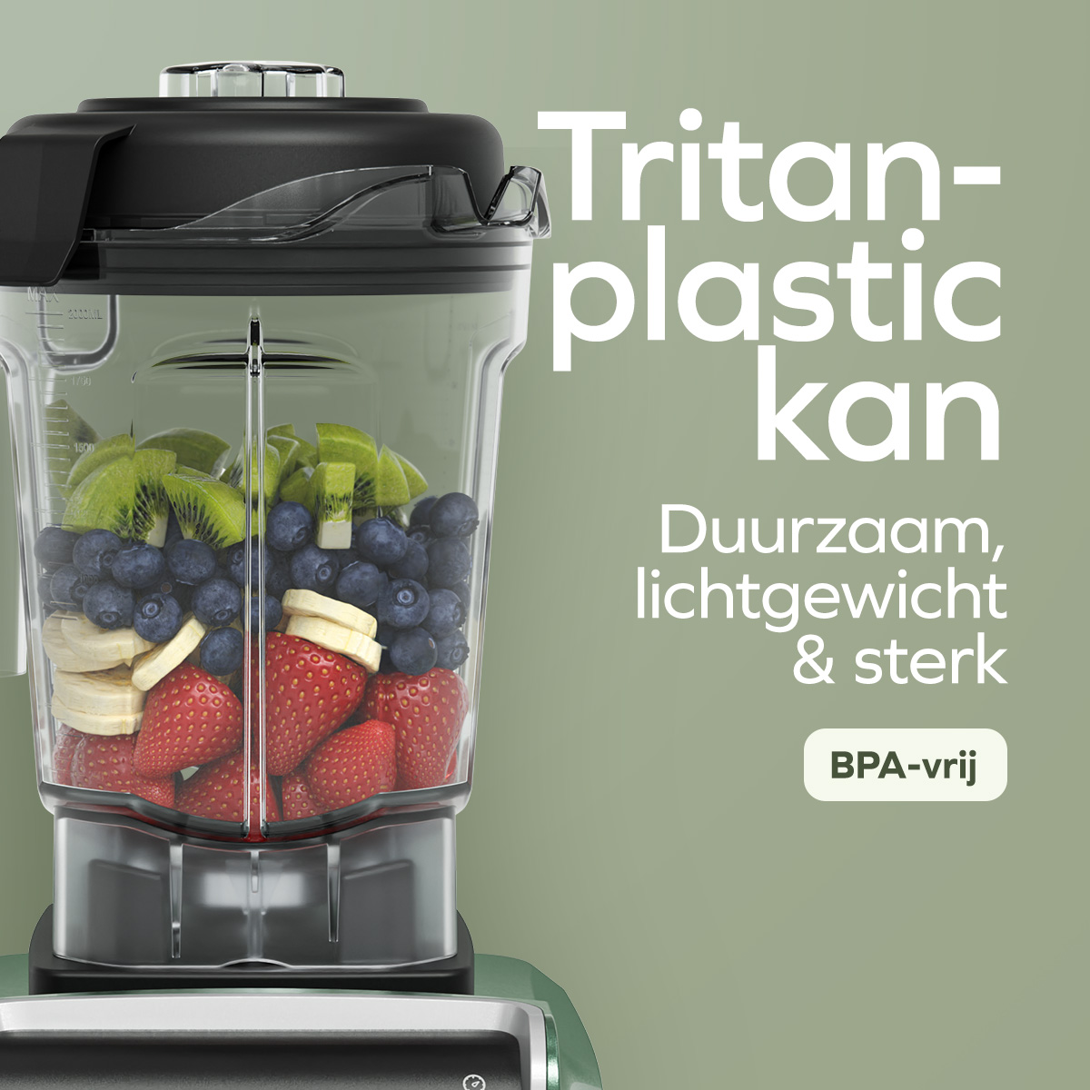 A blender filled with strawberries, blueberries, bananas, and kiwis is next to text on a green background.