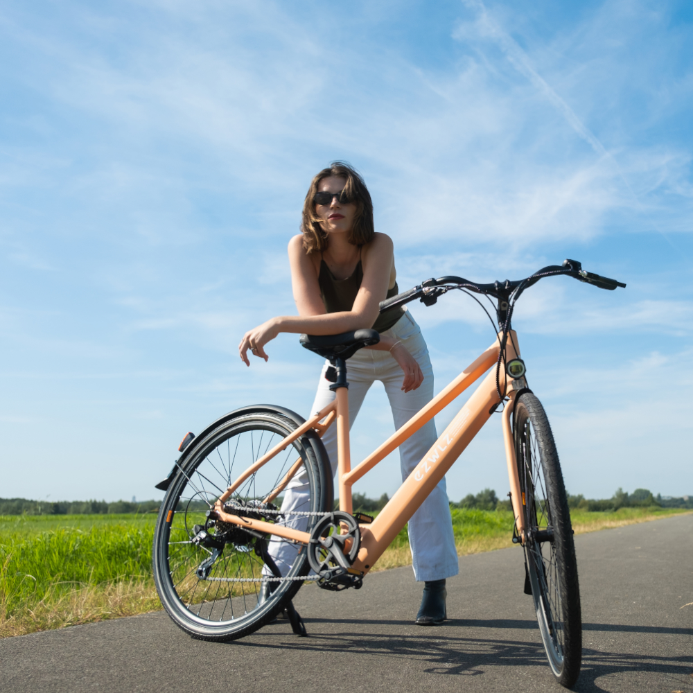 Een vrouw met een zonnebril en een witte broek leunt tegen een bruine e-bike op een pad met groene velden.