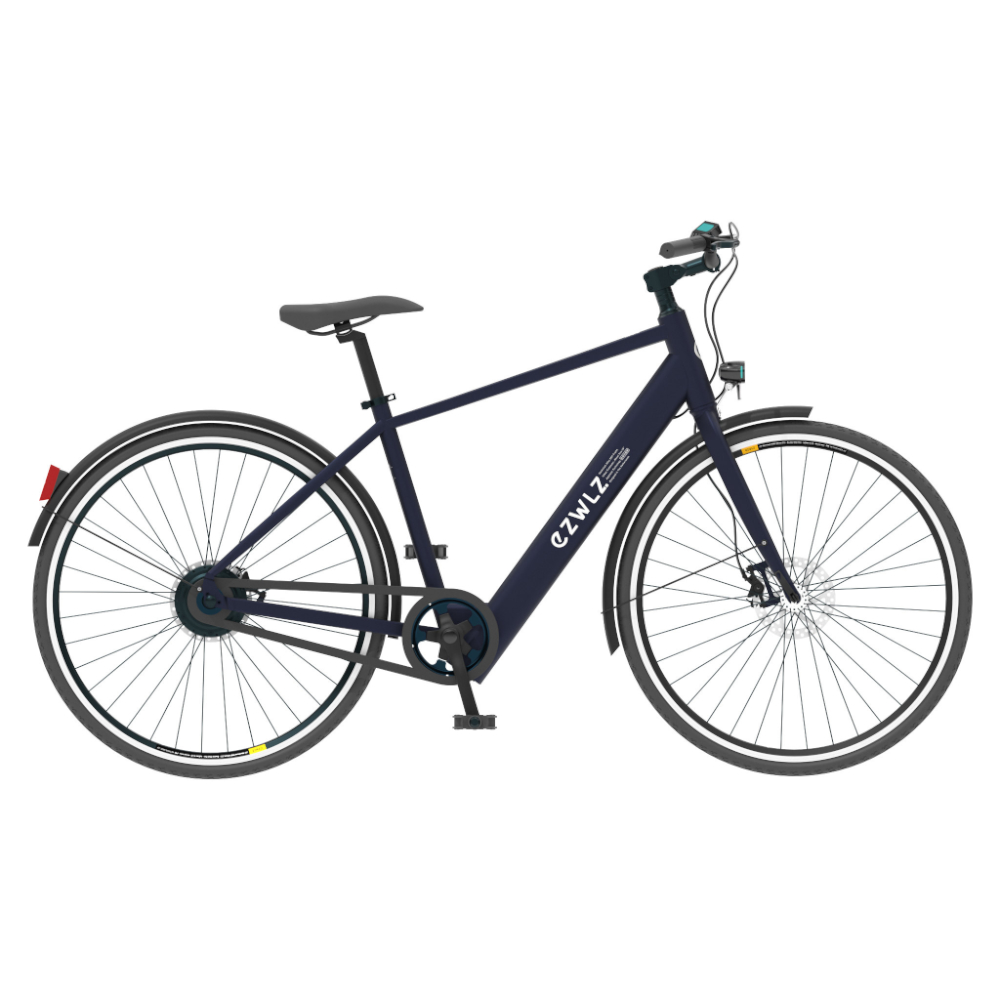 Een donkerblauwe e-bike is geïsoleerd op een witte achtergrond, die het frame en de componenten toont.