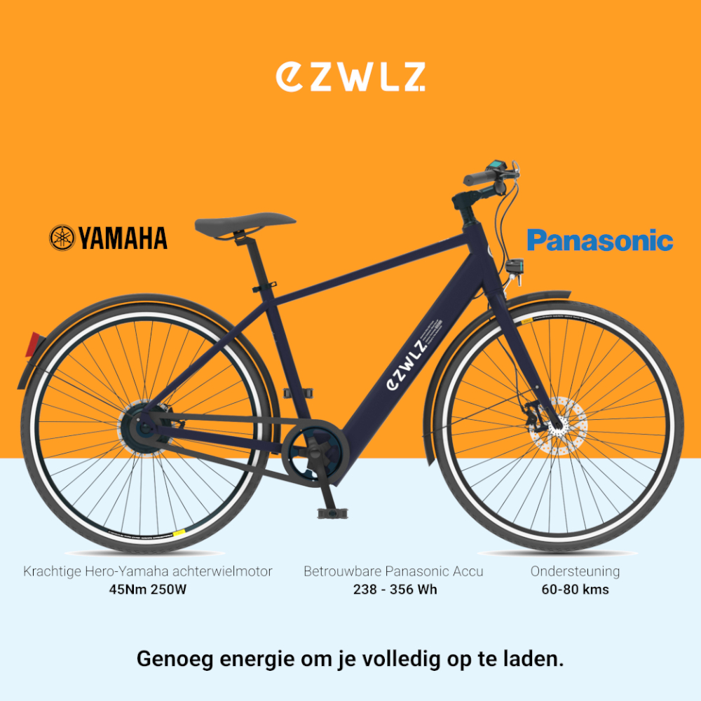Oranje achtergrond met Yamaha- en Panasonic-logo's, fietsafbeelding en tekst.
