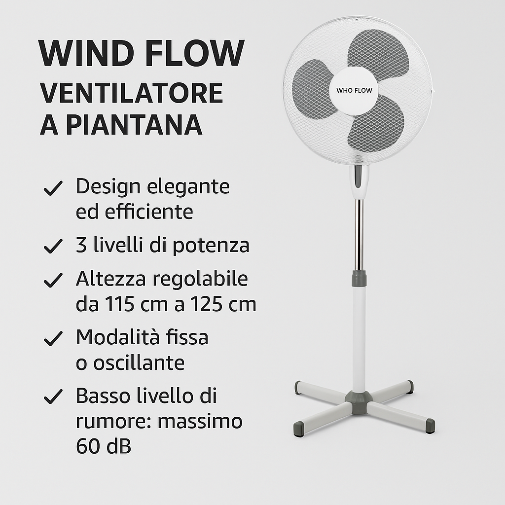 Biały wentylator stojący z tekstem: Wind Flow Ventilatore a Piantana, opisy.