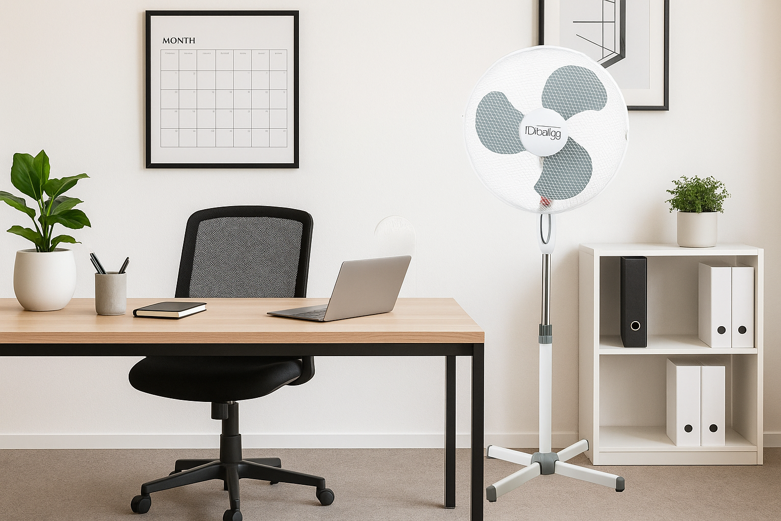Biuro z wentylatorem, biurkiem, laptopem i krzesłem.