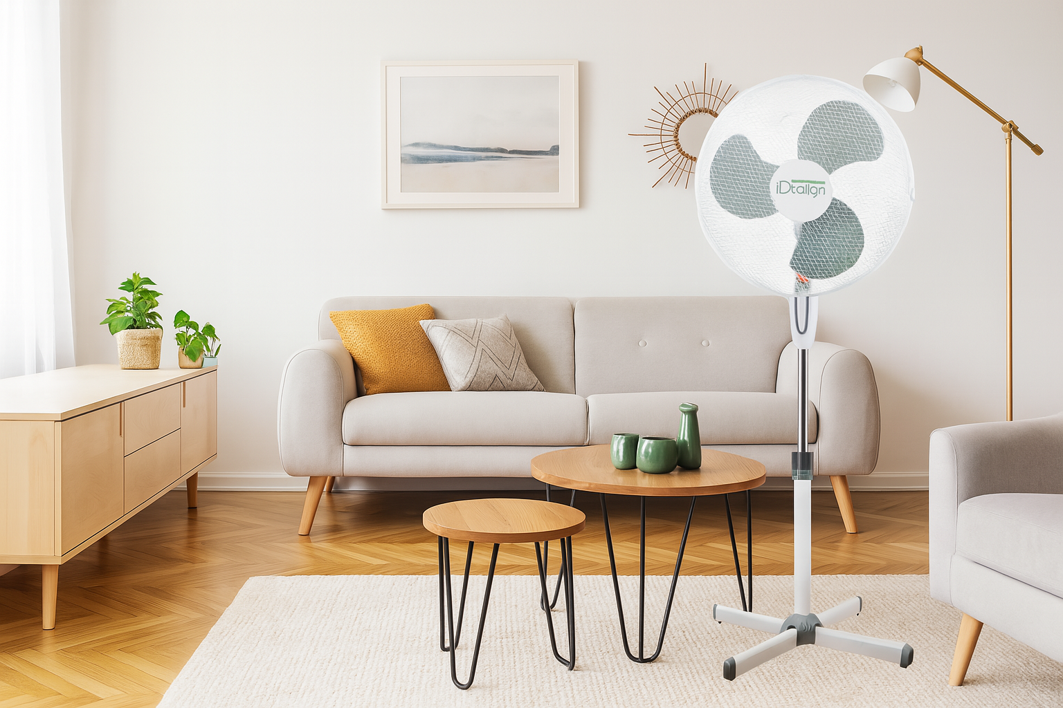 Salon z wentylatorem, sofą, stołem i dywanem.