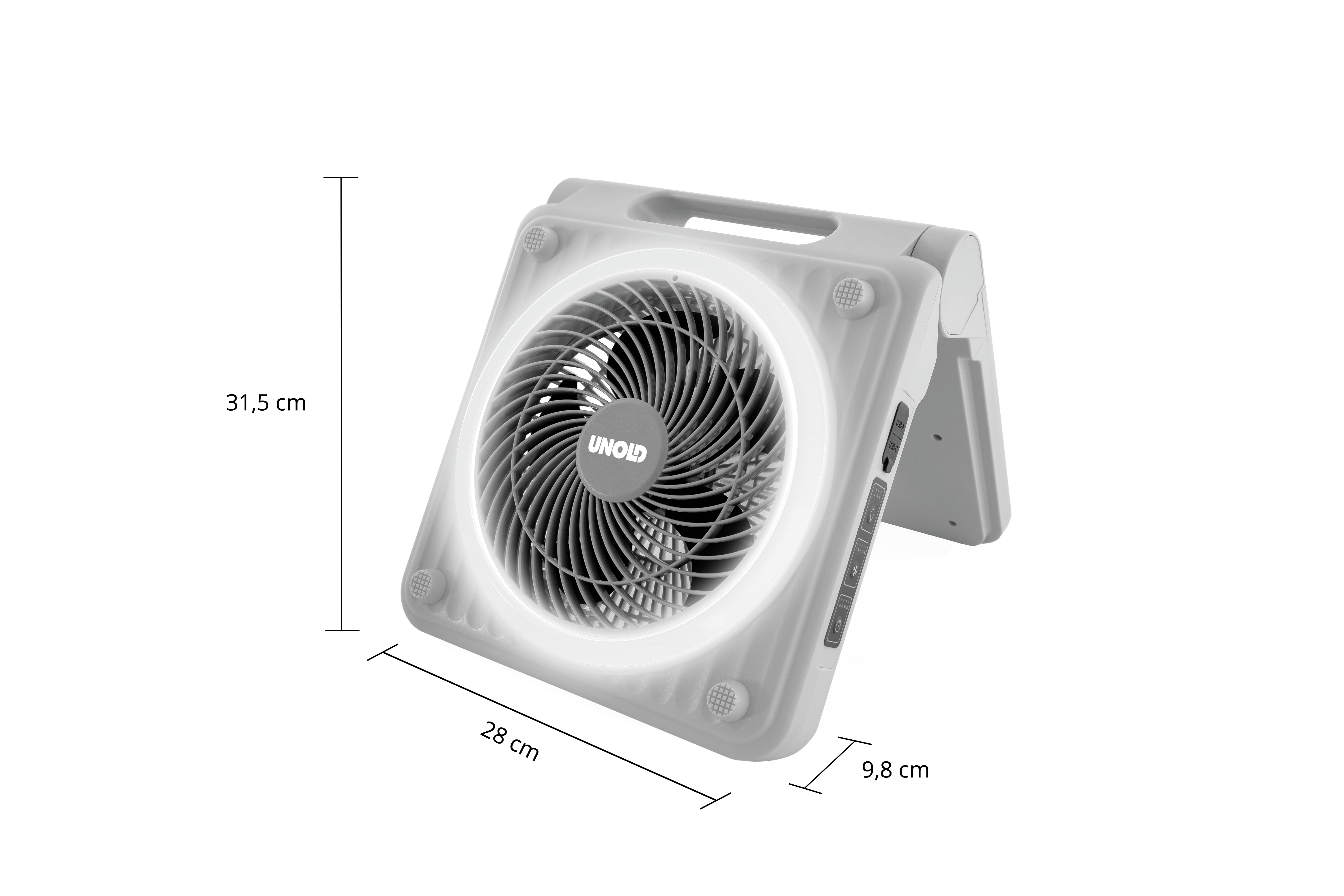 Biały wentylator o wymiarach 28cm x 31,5cm x 9,8cm, z oznaczonymi wymiarami.
