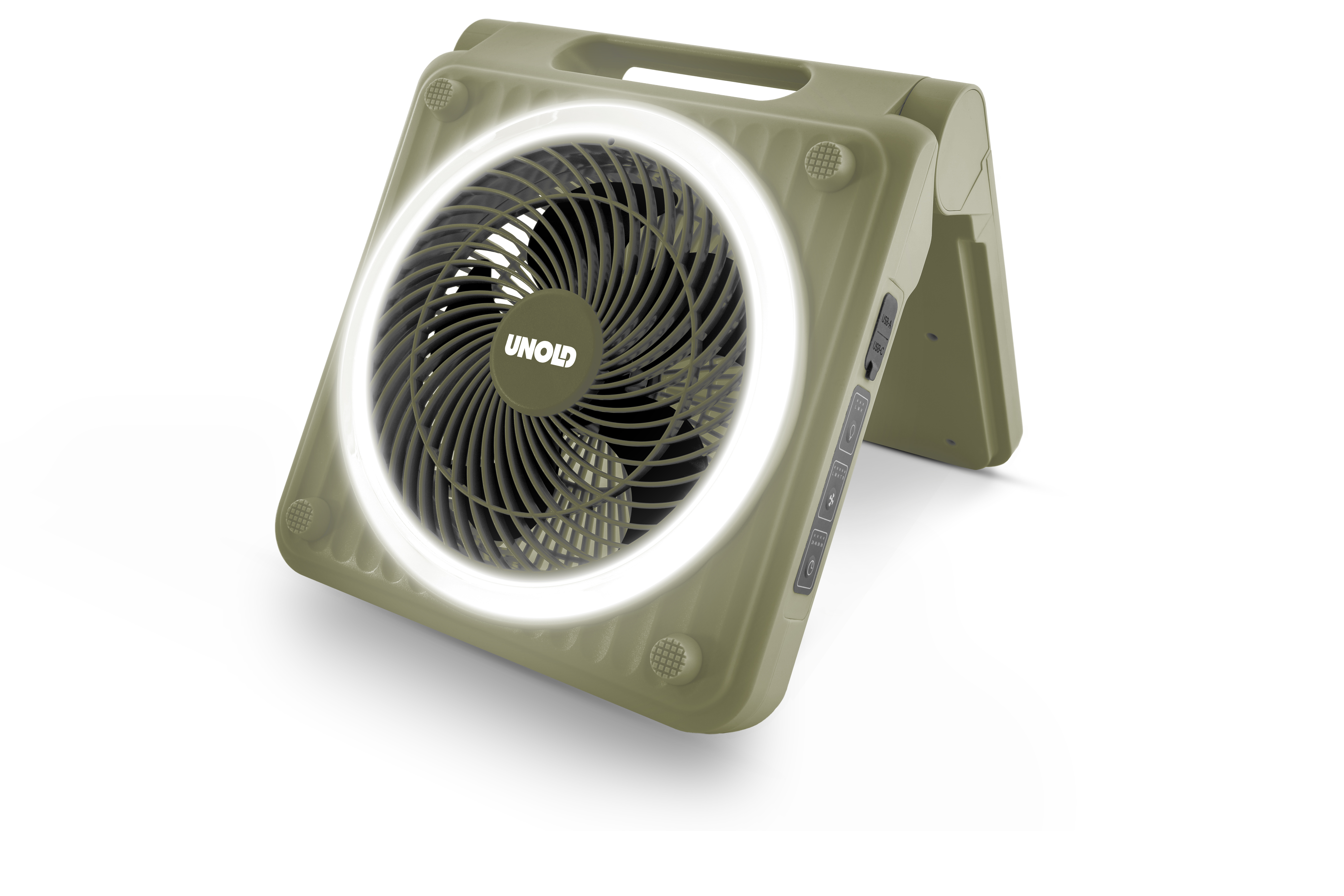 Oliwkowy wentylator z pierścieniowym oświetleniem LED, białe tło.