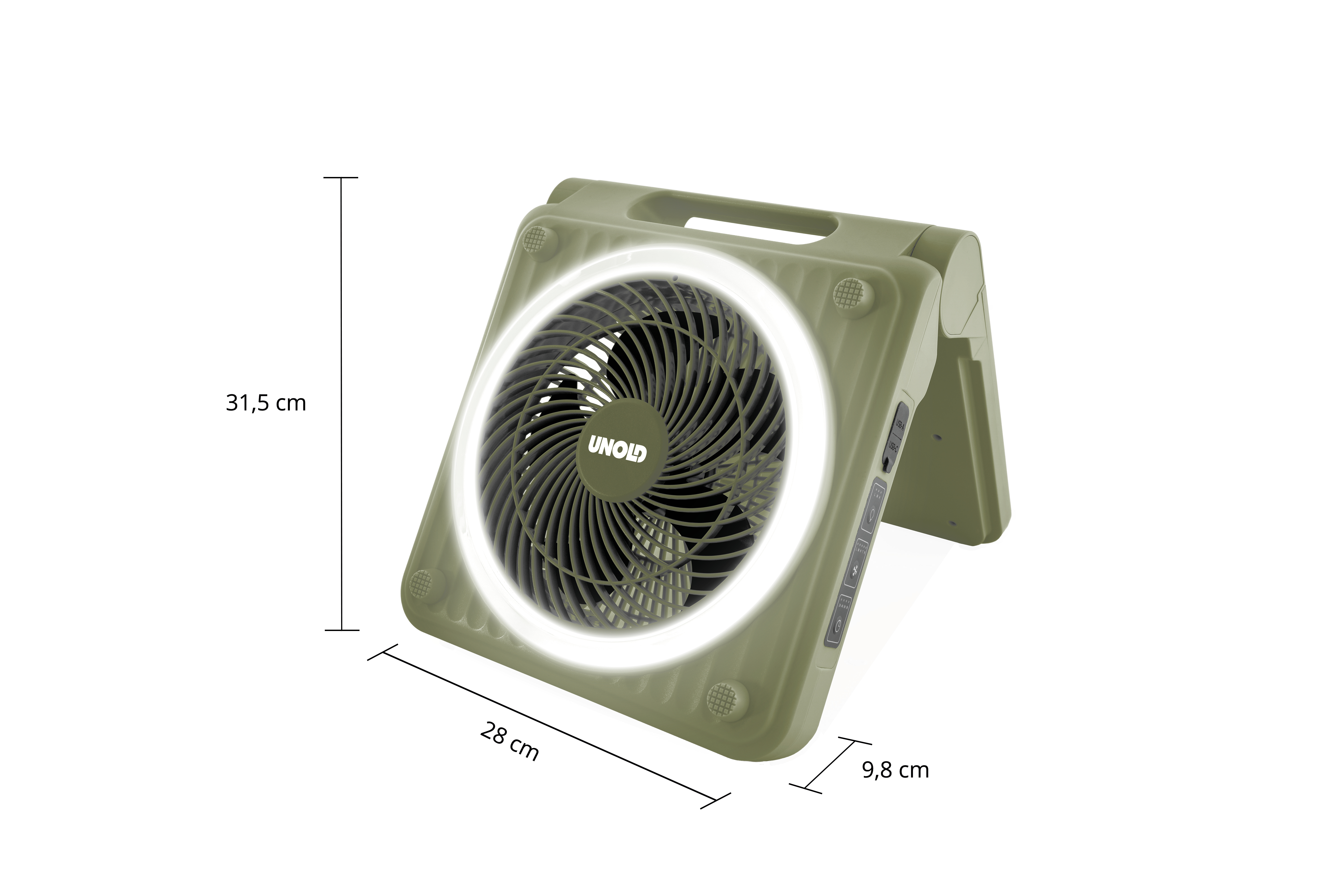 Zielony przenośny wentylator z wymiarami. Ma światło wokół łopatek i markę 'UNOLD'.