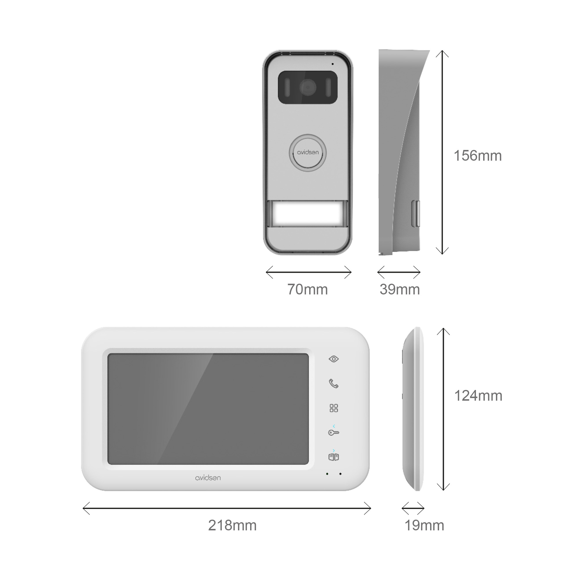 Dimensiones de un sistema de videoportero, con medidas de altura, anchura y profundidad tanto del monitor como de la cámara.