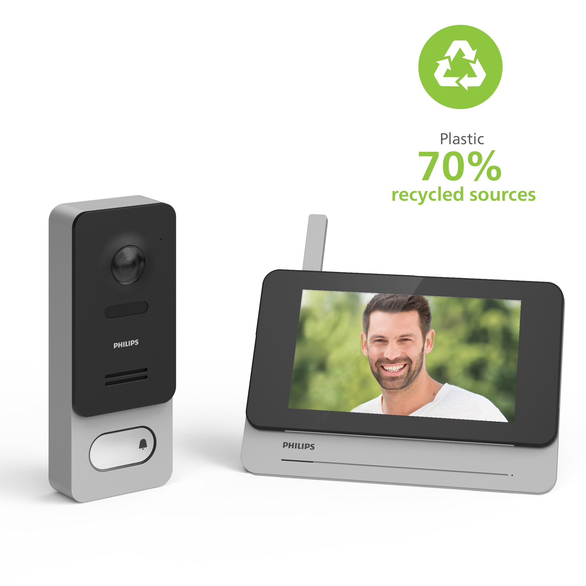 Un timbre con cámara y una pantalla que muestra a un hombre sonriendo. La pantalla dice 'Philips'. Se escribe 70% de plástico reciclado.