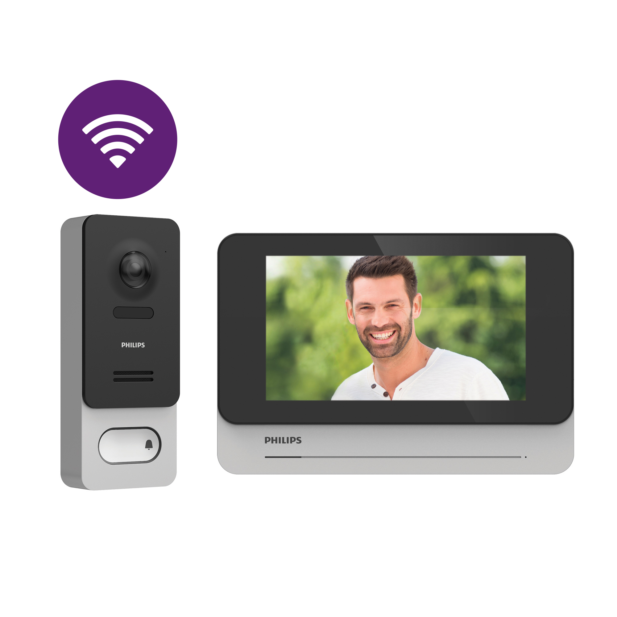 Un timbre con cámara y una pantalla que muestra a un hombre sonriendo. El timbre tiene escrito 'Philips'. Un icono de wifi es visible.