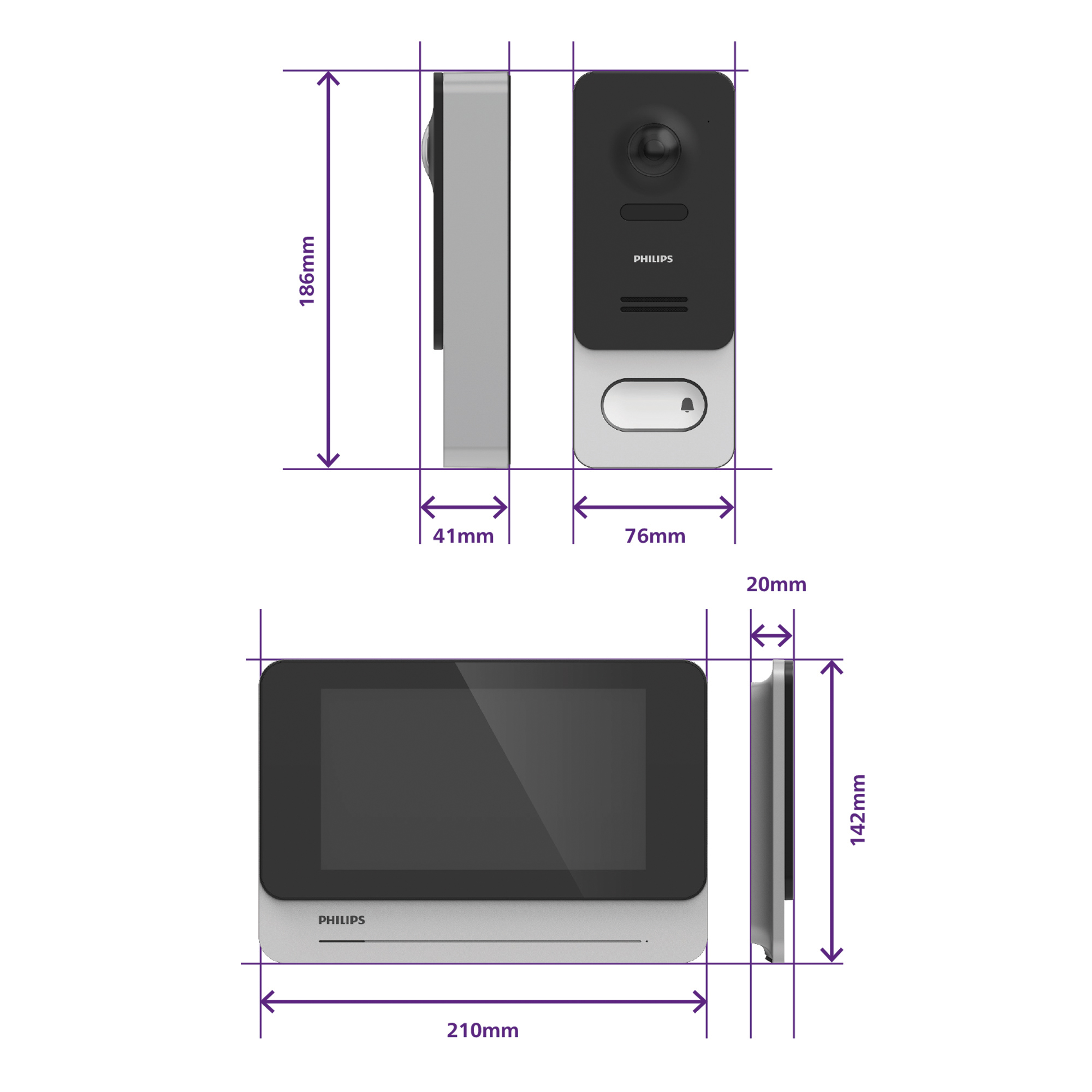 Diagrama de un telefonillo con dimensiones. Muestra el tamaño del telefonillo y la pantalla en milímetros.