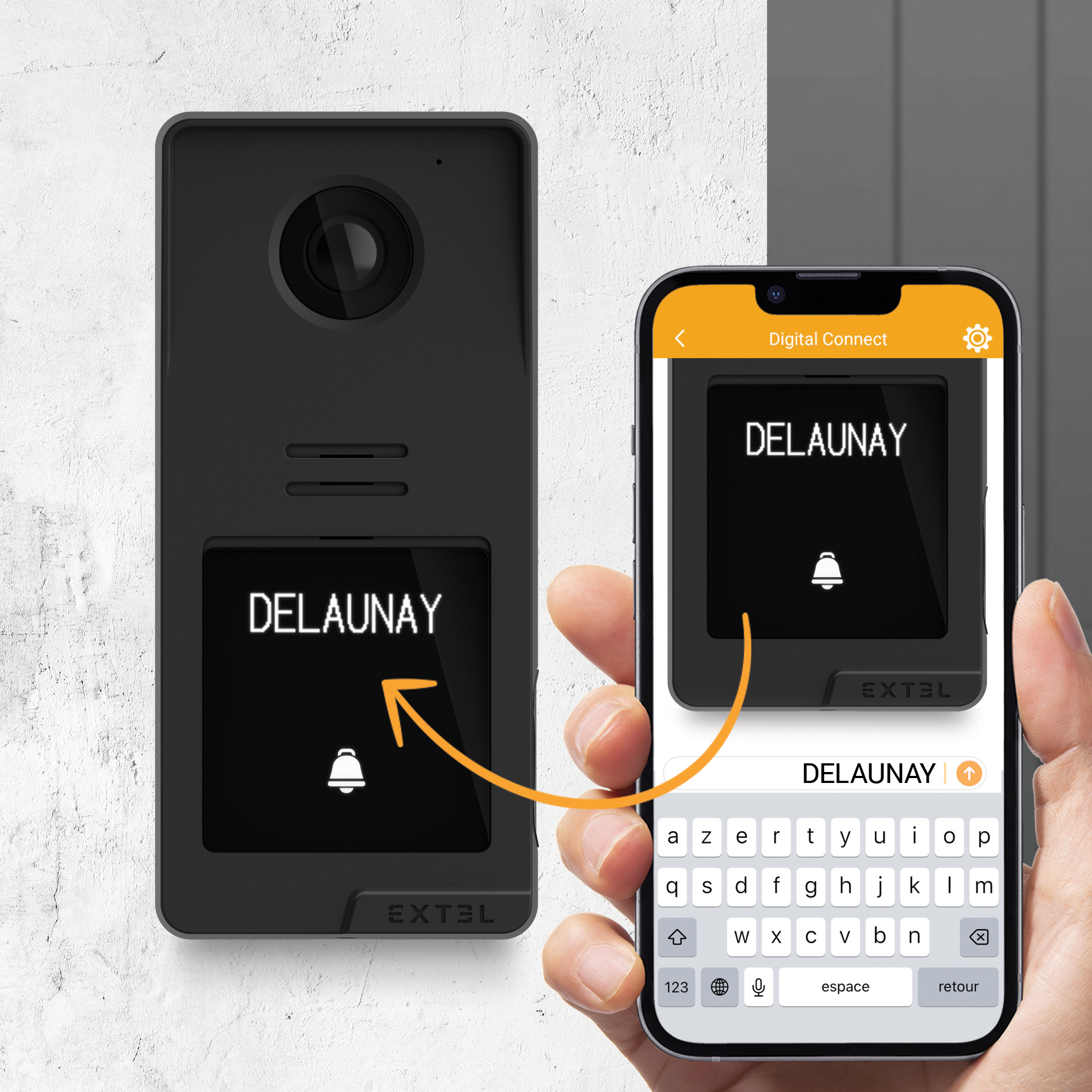 Un videoportero y un teléfono inteligente que muestra la pantalla del portero. Se muestra el nombre DELAUNAY.