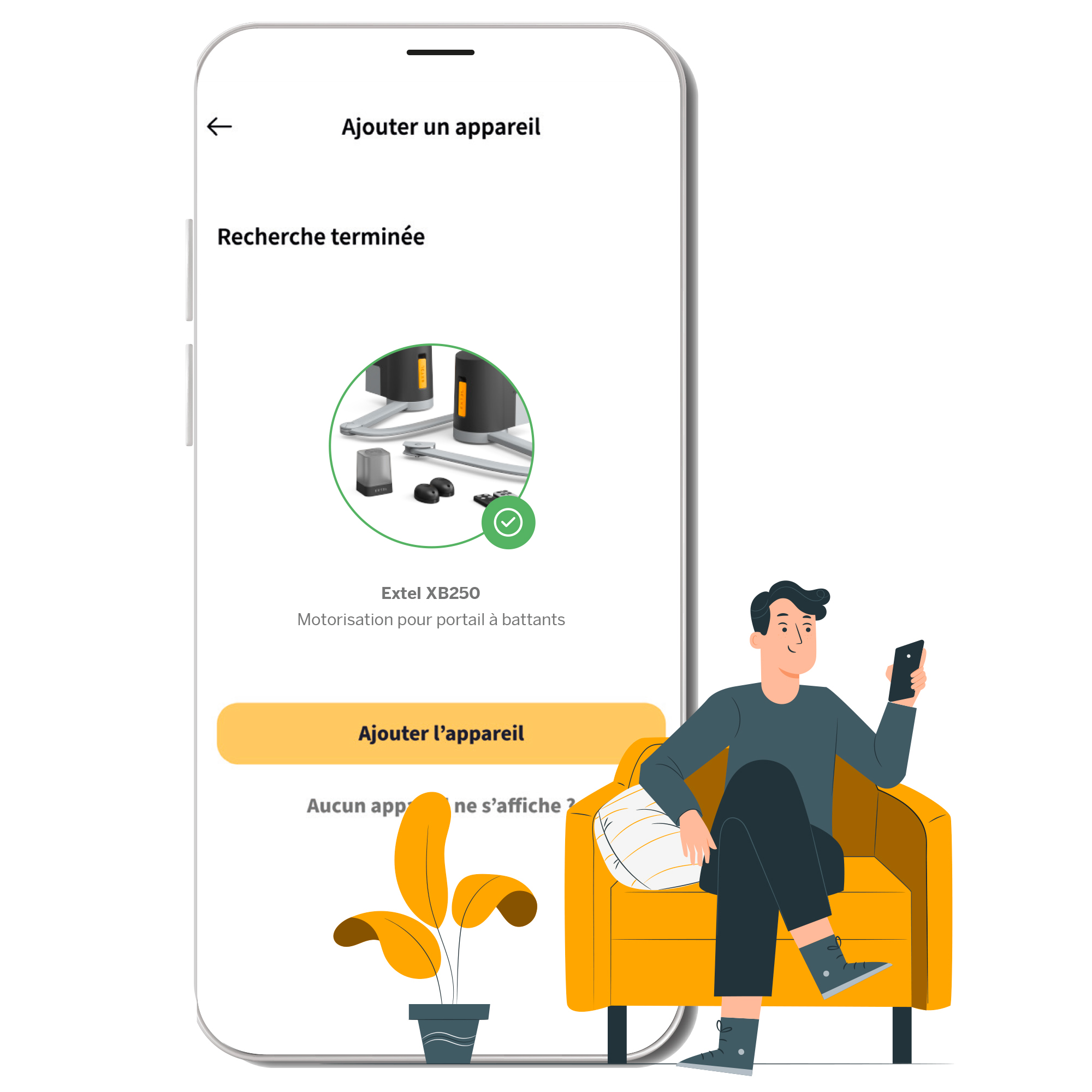 Una persona sentada en un sofá amarillo usando un teléfono inteligente. La pantalla muestra una interfaz de configuración del dispositivo.