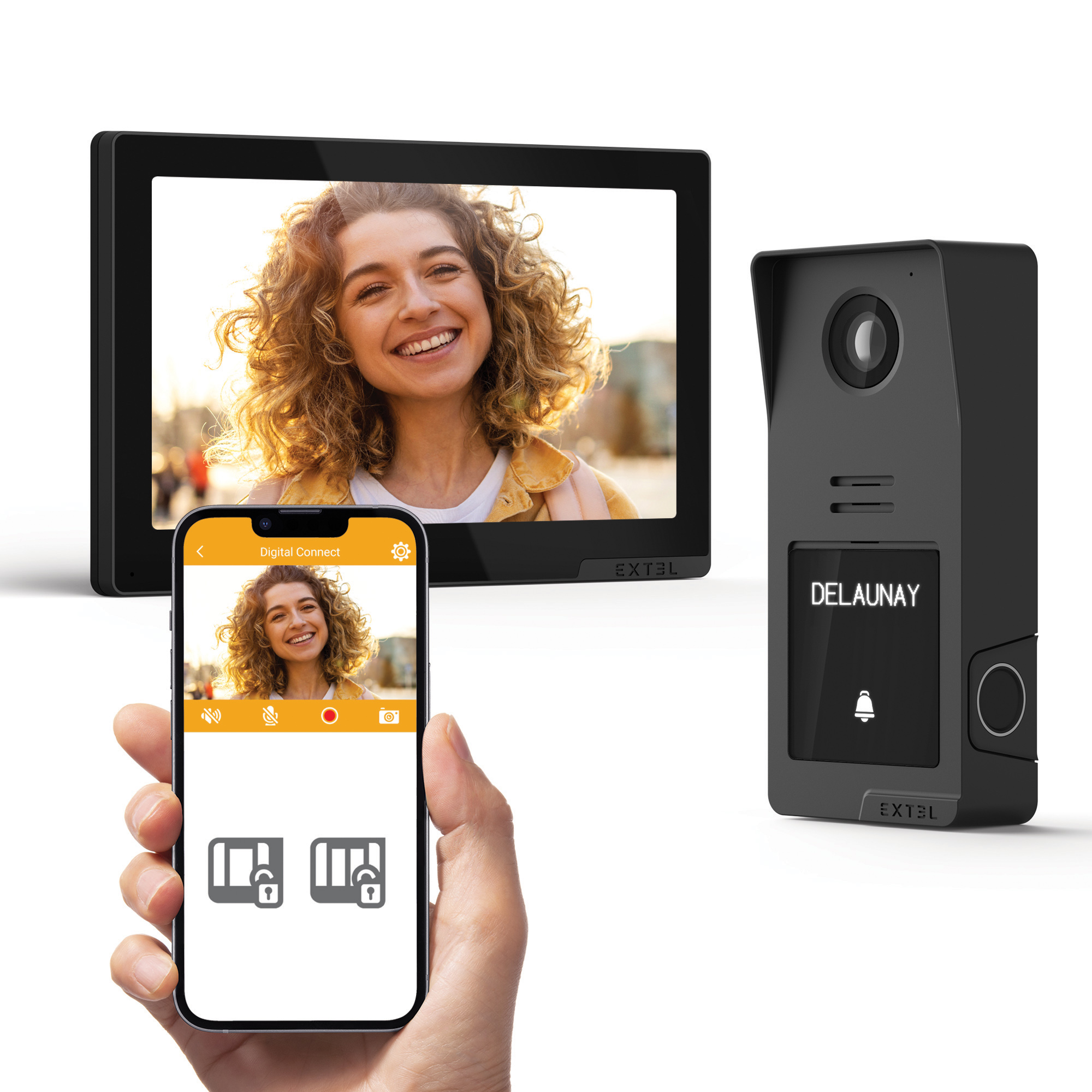 Sistema de intercomunicación con una mujer sonriente en la pantalla y una pantalla de smartphone con la misma imagen.