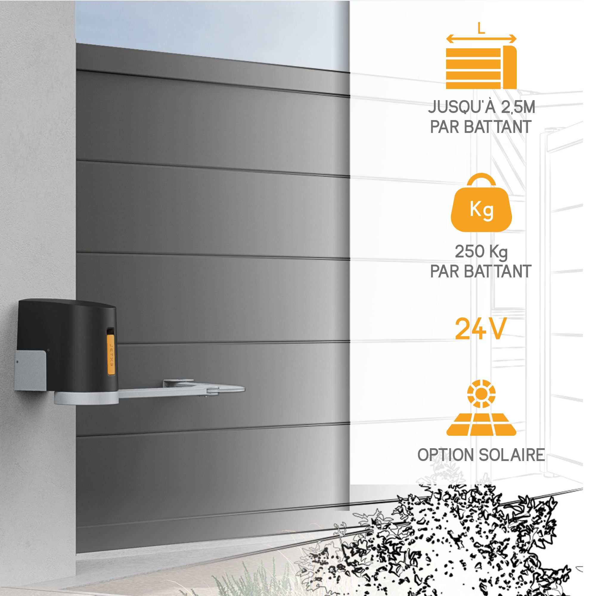 Abridor de puerta negro con etiqueta naranja montado en una pared, con detalles gráficos.
