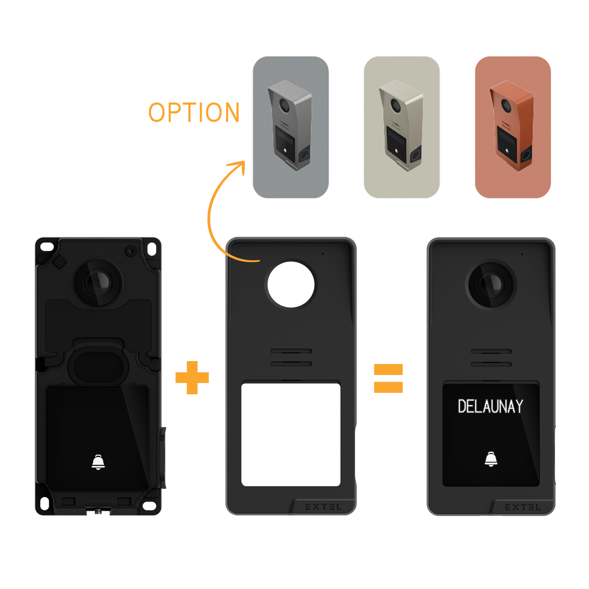 Diagrama que muestra el montaje de un timbre con video, con opciones de diferentes colores de placa frontal y el producto final montado.
