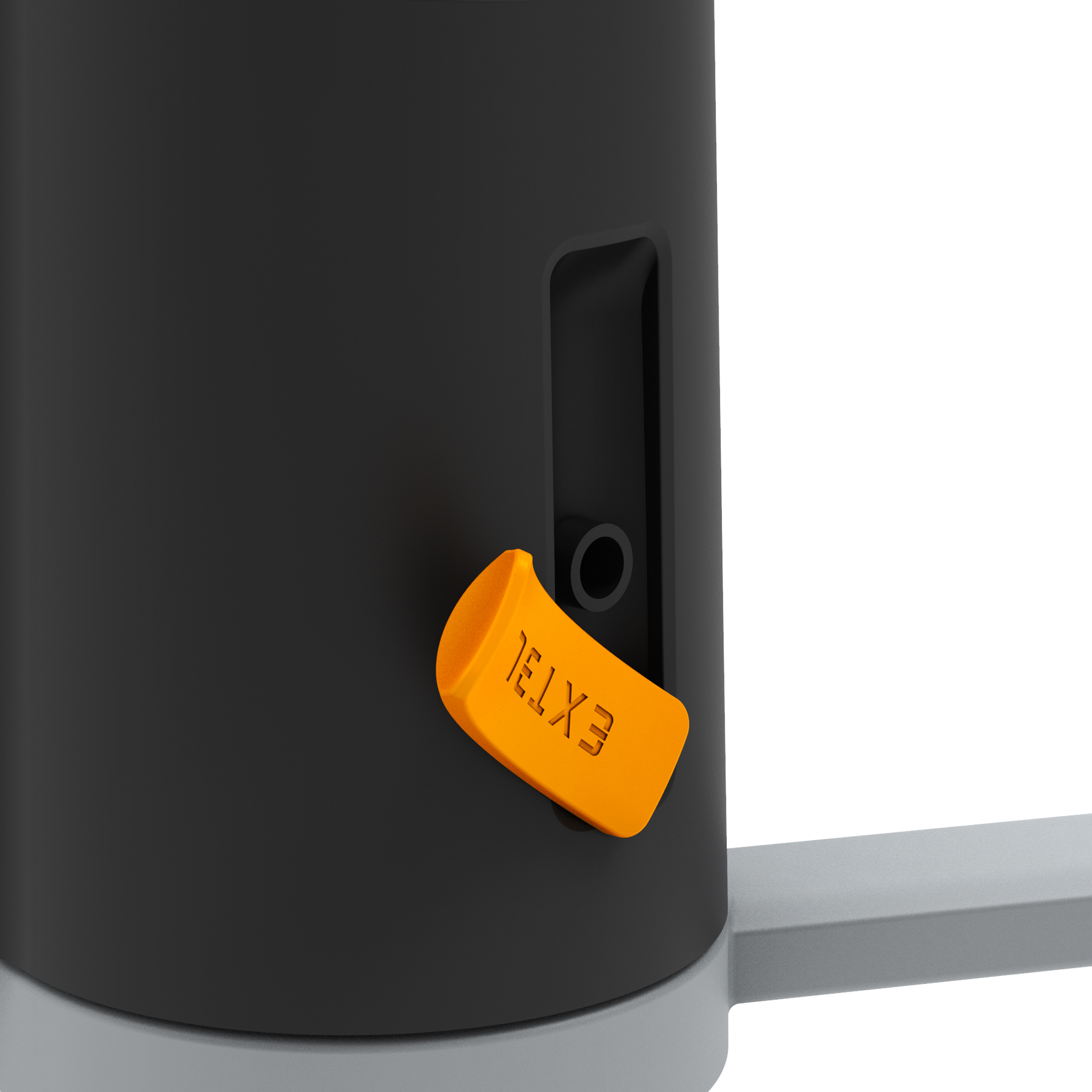 Primer plano de un componente del motor de puerta con una palanca naranja con la etiqueta EXTEL. El componente es negro y gris.